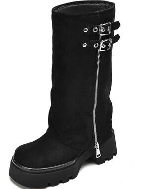 🆕Women's Black Suede Chunky Platform Moto Riding Boots Slouchy Fold Over